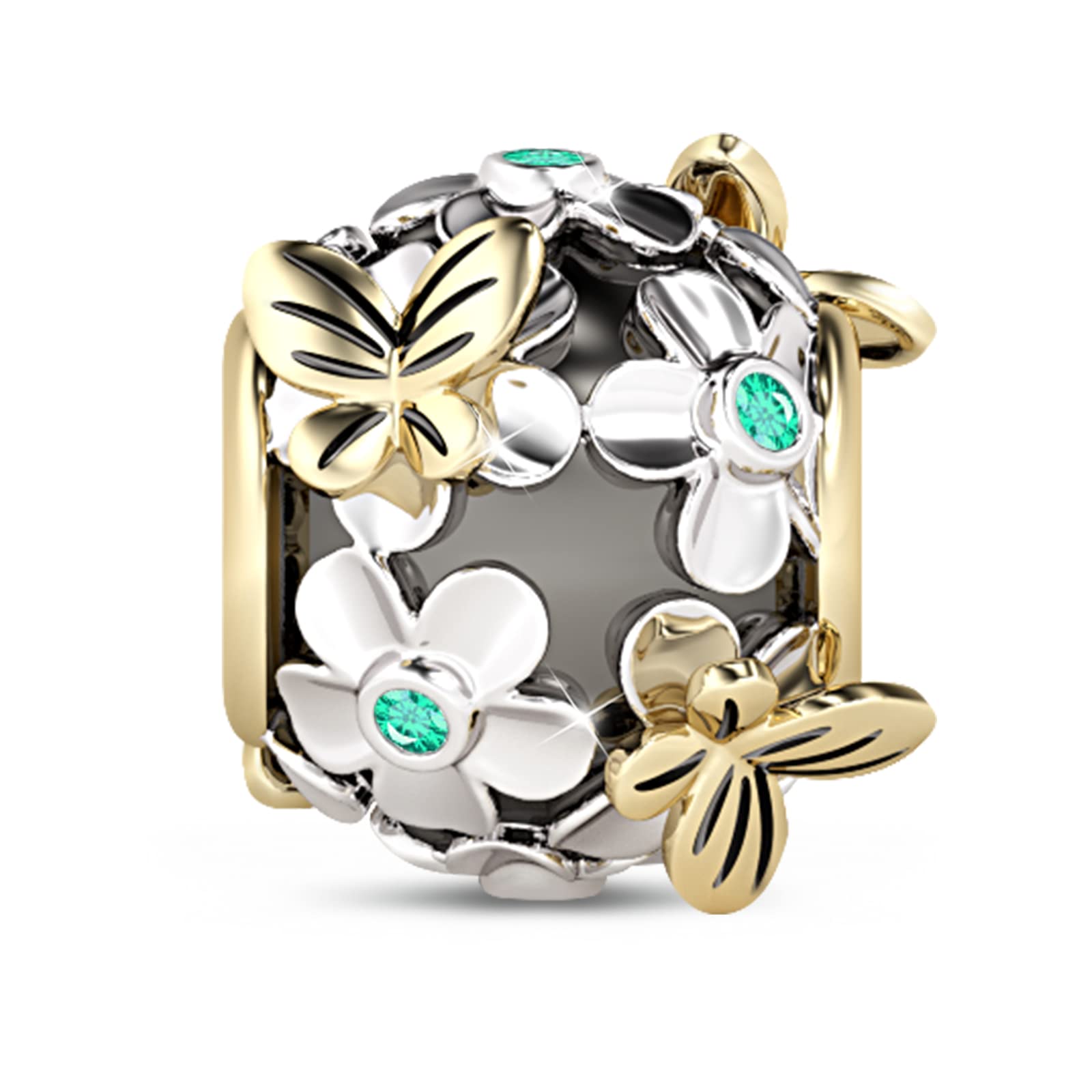 GNOCE "Butterfly Love Flower Charms Bead Flower Gold Butterfly Plated Green Sapphire 925 Sterling Silver Nature Theme Bead Fit Bracelet/Necklace For