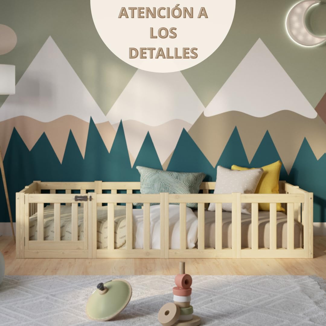 Cama Montessori 190x120 cm - Cama Infantil con Protección contra Caídas 40cm y Barrera Abrible - Camas Infantiles Superficie Lisa niños y niñas - Madera Natural