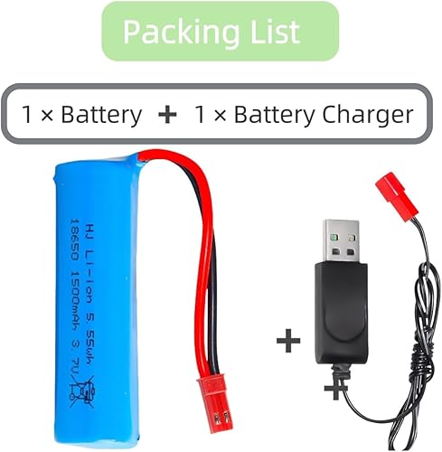 Miniatura 3 de Batería recargable de iones de litio de 3.7 V 18650 1500 mAh con junta JST y cable de carga USB para Huina 1552 1553 1554 1555 1556 1557 1558 RC