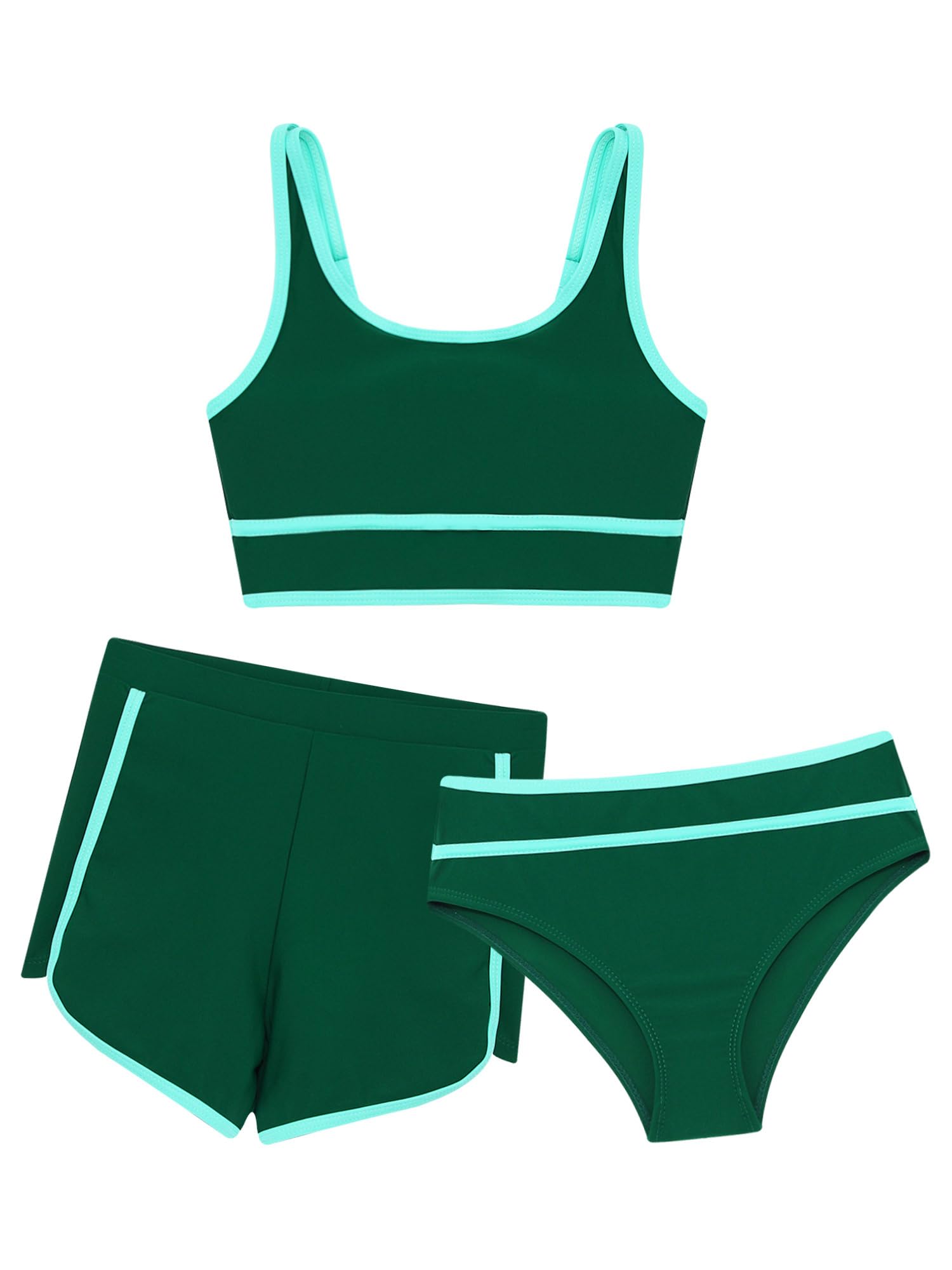IEFIEL Conjunto de Bikini Verano para Niñas Traje de Baño de Tres Piezas con Crop Top de Tirante y Braga y Pantalones Cortos de Deportivos Ropa de Playa 5-16 Años