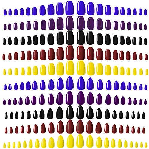 Black Nails Press On, 200PCS Cosics 5 Multi Colored Glossy Acrylic Nails Medium Length, Stiletto Almond Shaped & Ballerina Ballet Coffin Fake Nail Art Tips Full Cover with Storage Box for Nail Art DIY