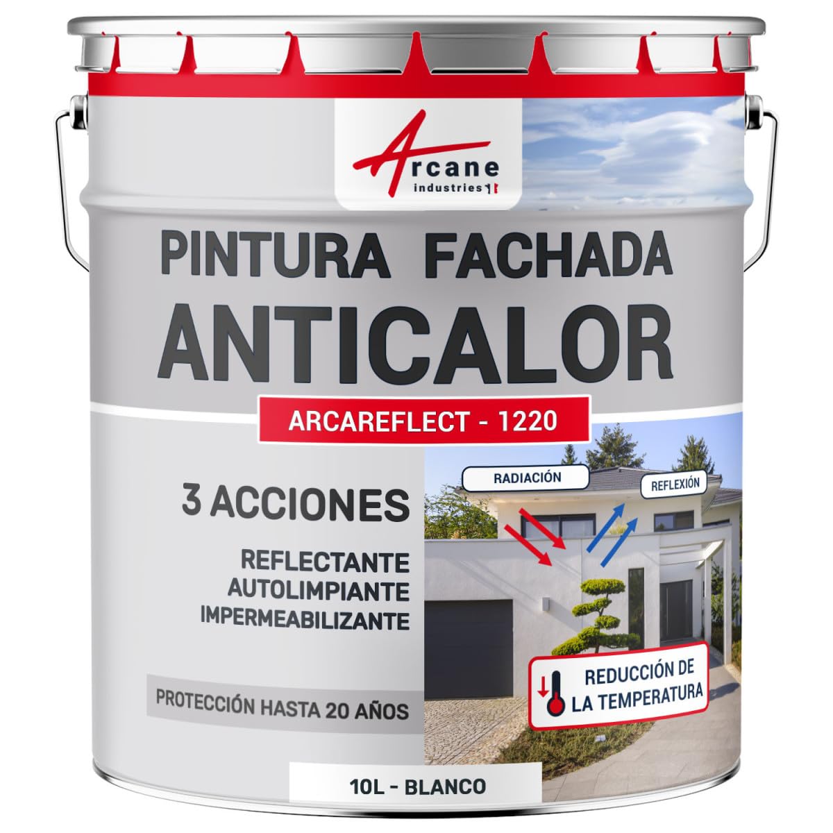 Pintura Reflectante Anticalor Fachada Impermeable - ARCAREFLECT 10 L Blanco | Fachada Reflectante Anticalor, Impermeable, Autolavable, Resiste Uv, Deja Transpirar el Soporte - Arcane Industries