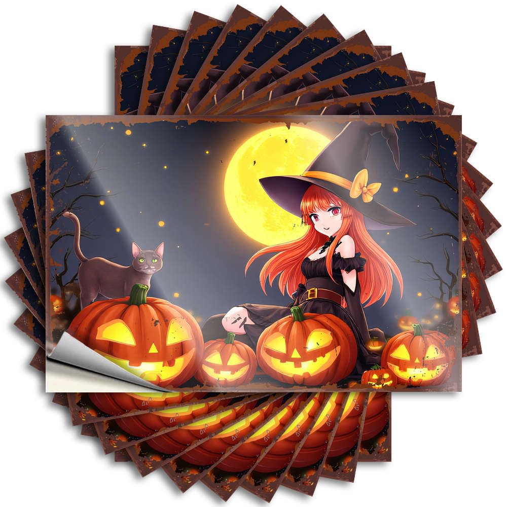 Halloween Witch with Pumpkins Under The Moon Decal Housewarming Self Adhesive | Cute Tumbler Vinyl Sticker Pack for Christmas(12X18CM)