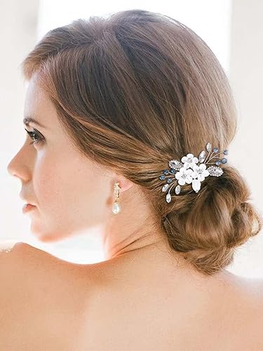 Miniatura 5 de Catery Peine para el cabello de novia con flores plateadas, peine lateral pequeño de cristal azul, pieza de cabello para novia, accesorios para el
