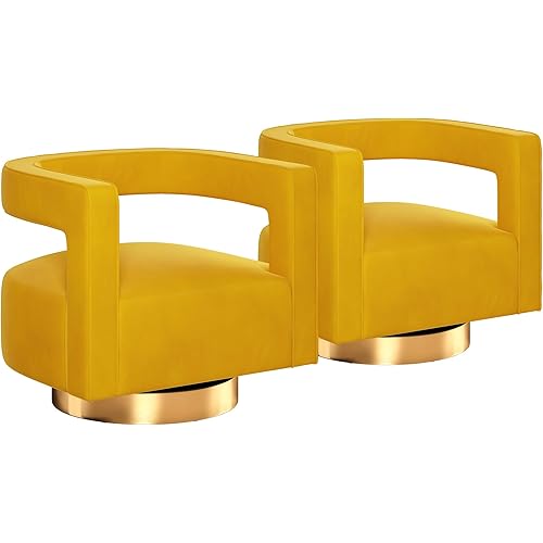 BELLEZE Swivel Barrel Accent Chair Set of 2, Modern Upholstered Arm Comfy Velvet Curved Back Round Chair with Gold Base Wood Frame, 360 Degree for Living Room Bedroom Office,Yellow