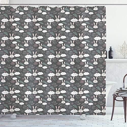 ABAKUHAUS Rabbit Shower Curtain, Kids Nursery Design with Sleeping Funny Bunnies Fluffy White Clouds and Flowers, Cloth Fabric Bathroom Decor Set with Hooks, 175 x 180 cm, Taupe Grey