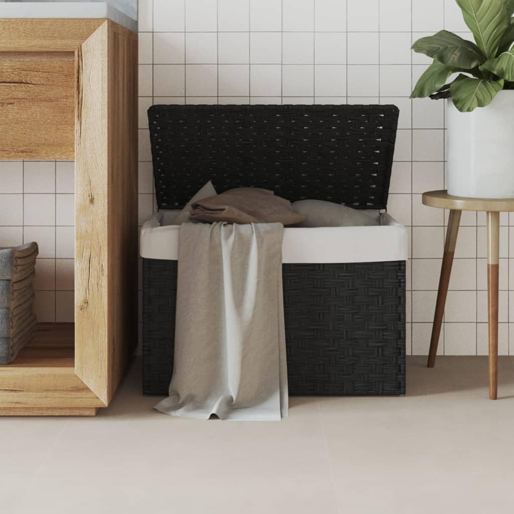 Cesto portabiancheria con coperchio 55,5 x 35 x 34 cm in rattan nero | Tasca interna pieghevole, rimovibile, resistente alle intemperie, maniglia per bagno