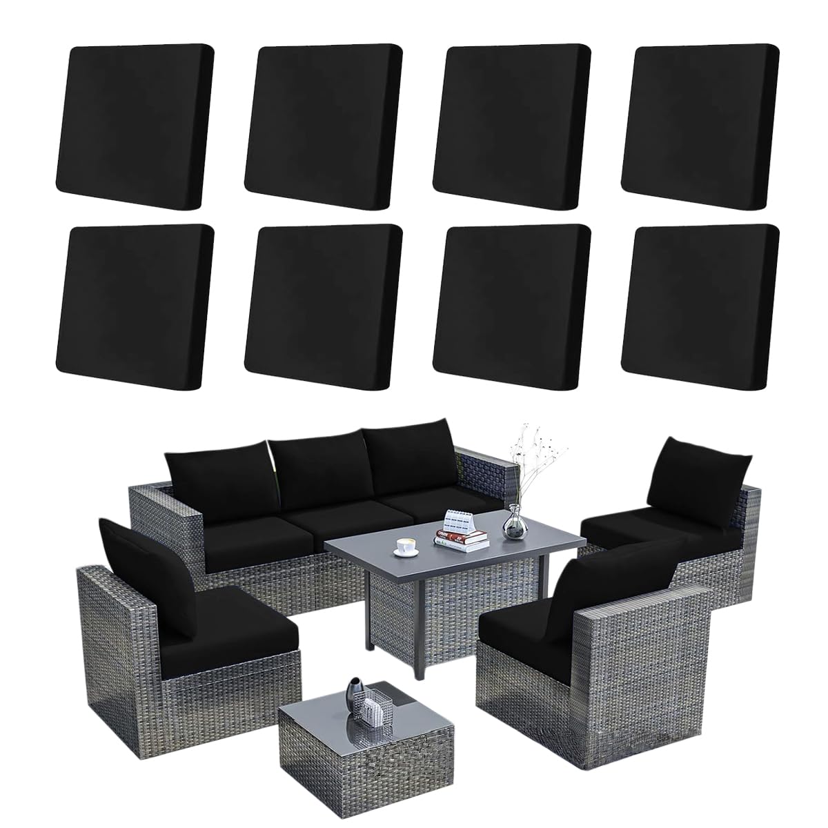 Hiseng 8/12/14 PCS Outdoor Cushion Covers Stretch Patio Cushion Covers Replacement Slipcovers Washable for Outdoor Sofa Cushions, Garden Furniture Set, Rattan Corner Sofa (Black,8 PCS)