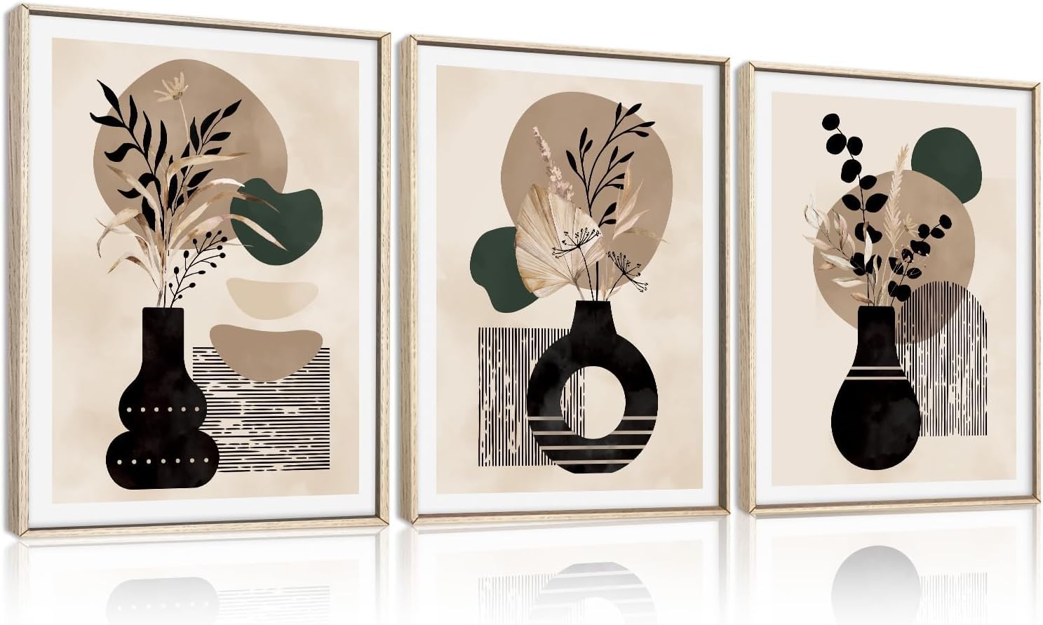 TOARTi Boho Wabi Sabi Mid Century Black Vase Framed Canvas Wall Art Set,Vintage Abstract Geometric Lines Decor,Modern Minimalist Neutral Leaf Botanical Artwork for Living Room,Farmhouse- 12"x16"x3 — image 1