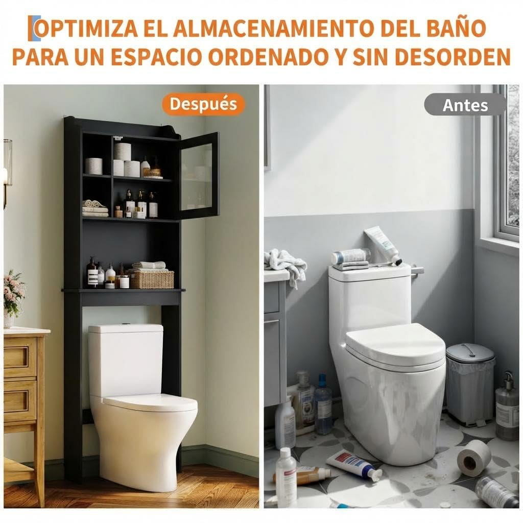 Garvee Mueble de Baño Independiente sobre el Inodoro con Estantes Ajustables, Puertas de Vidrio Templado, Estante de Baño de MDF Que Ahorra Espacio, Mueble de Baño Moderno Resistente al Agua,Negro