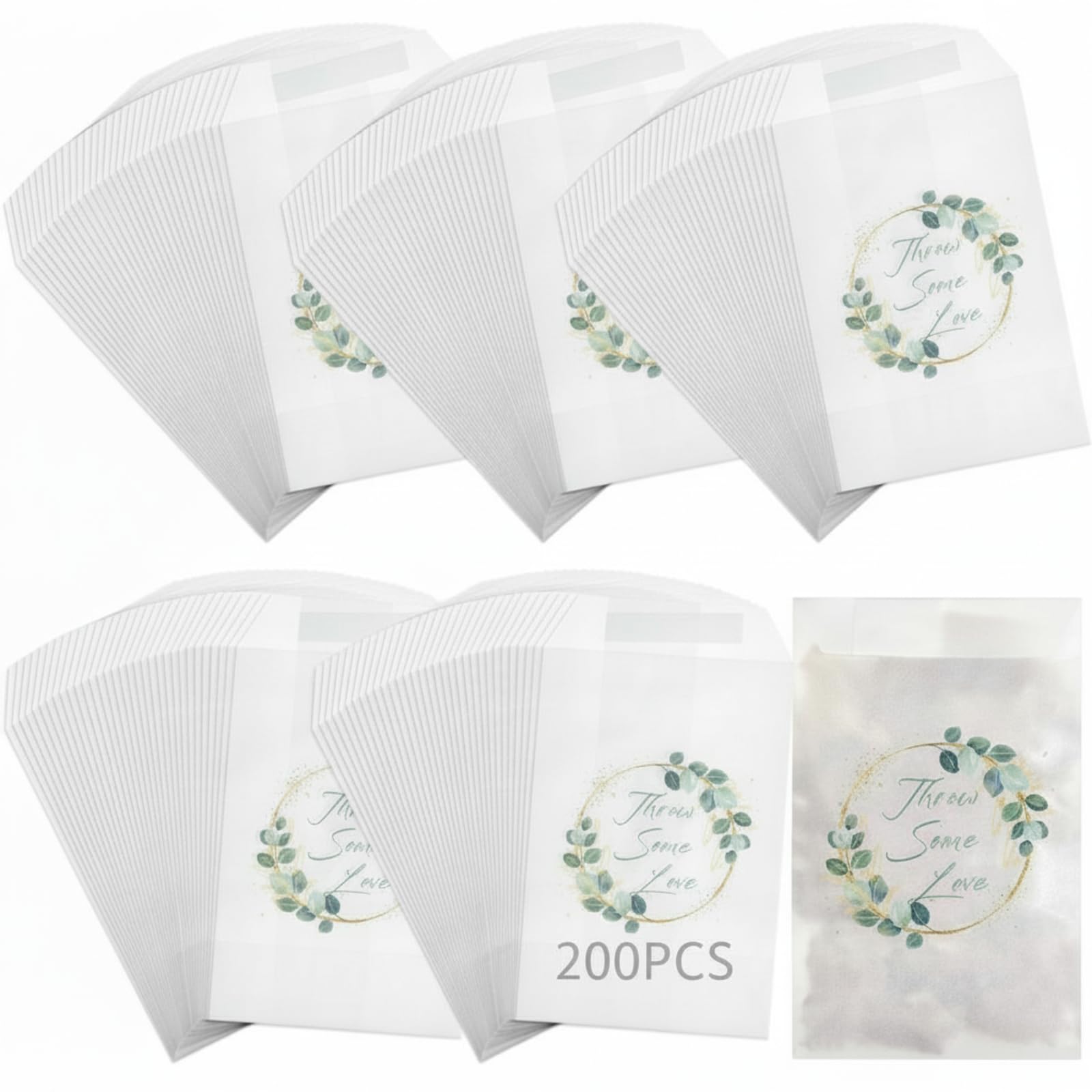 Clabby 200 Pcs Wedding Confetti Bags 105 x 70 mm Confetti Favor Hen Party Candy Bags Throw Some Love Flower Paper Glassing Envelopes for Spring Wedding Baby Shower Bridal Shower (Green Leaf Style) โ image 1