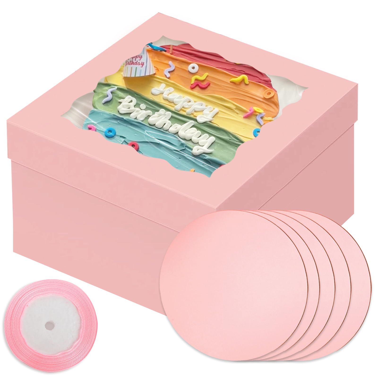 Bakepacker 12x12x8 Cake Box, 18 Sets Pink Cake Box with Window ＆ 18 Sets 12" Cake Round Boards, 12inch Cake Containers, 10 Meters Silk Ribbon