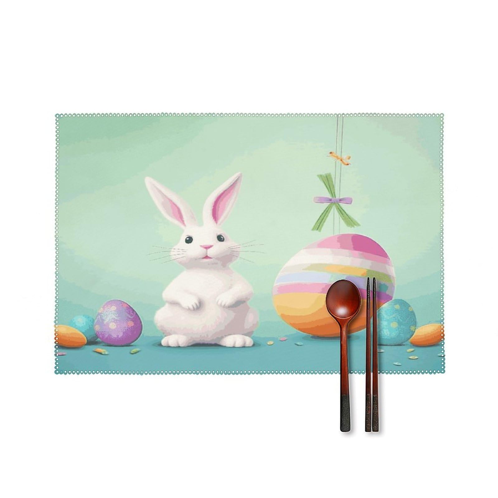 Btcowzrv Style Happy Easter Egg Rabbit Canvas Placemats Set Of 6, Wipeable Washable Place Mats For Indoor & Outdoor, Table Mat Decor For Kitchen Dining Party