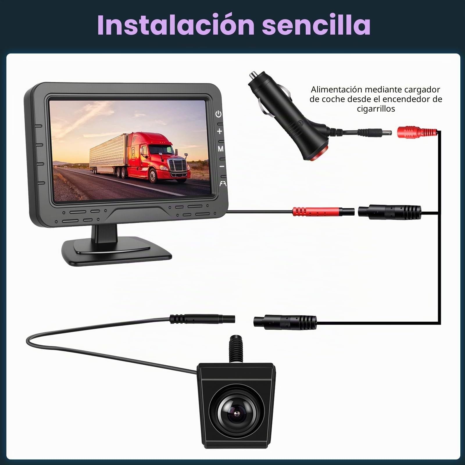 Inefala Cámara de Marcha Atrás y Kit de Monitorización con Pantalla 4,3'' Cámara de Visión Trasera IP68 Resistente al Agua visión Nocturna Sistema de Asistencia de Estacionamiento para Coche 12-24V