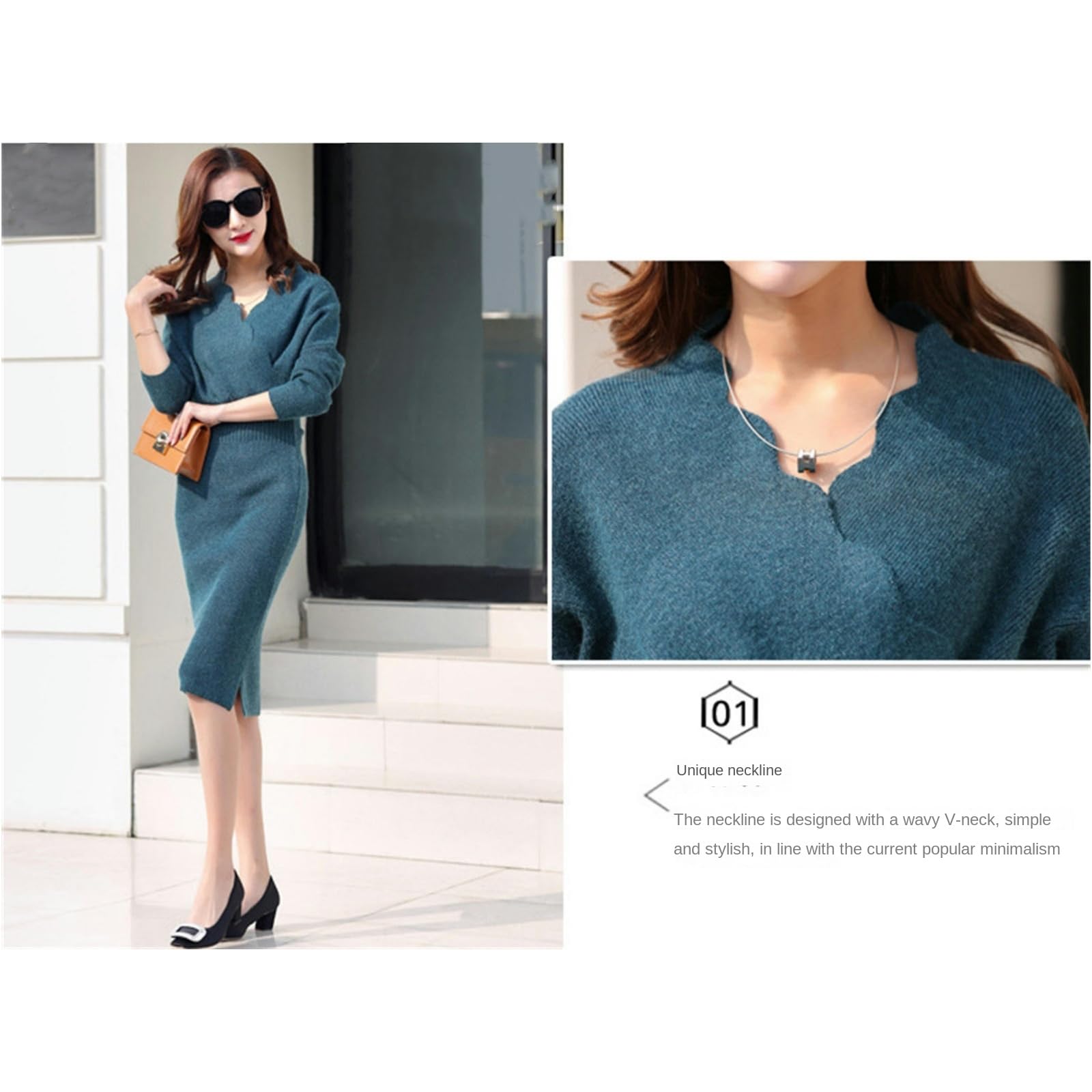 Vestito Donna Autunno Abito in Maglia con Gonna A Coda di Pesce Aderente di Media Lunghezza E Scollo A V alla Moda Autunnale-Nero-Taglia Unica