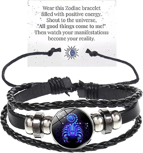 Zodiac Signs Spirit Bracelet Multilayer Adjustable 12 Constellation Black Leather Bracelet Handmade Woven Zodiac Sign Wrap Bracelet Birthday Jewelry Gifts for Women Men