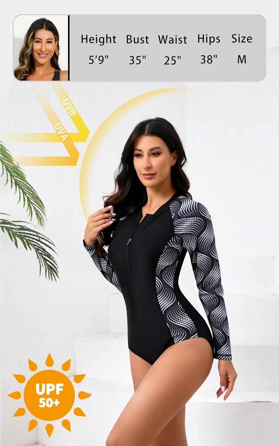 Halcurt Women's One Piece Rash Guard with Built in Bra UPF50+ Zip Long Sleeve Surfing Athletic Swimsuit