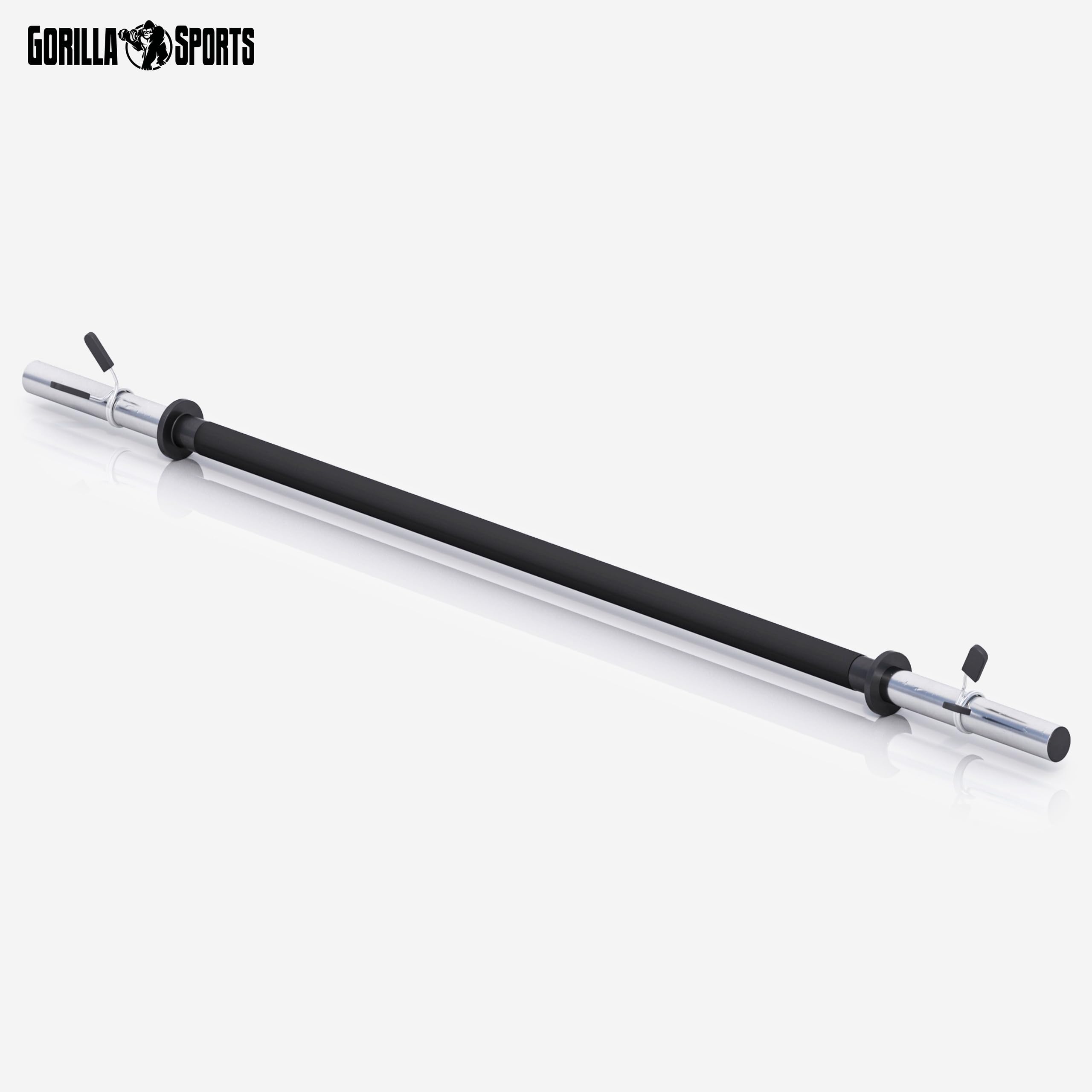 GORILLA SPORTS® Bilanciere - Aerobico, 130 cm, Diametro 30 mm, per Dischi Standard, 2 Chiusure a Molla, Max. 100 kg, Impugnatura Gommata, Cromato, Nero - Barra per Aerobica, Sbarra, Sollevamento Pesi