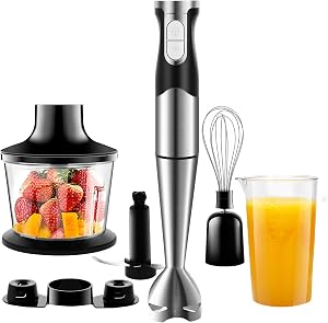 NWOUIIAY Hand Blender Set 6-in-1 Purée Stick Stainless Steel Set 1200 W Hand Blender 600 ml Measuring Cup, Whisk, Food Cho…