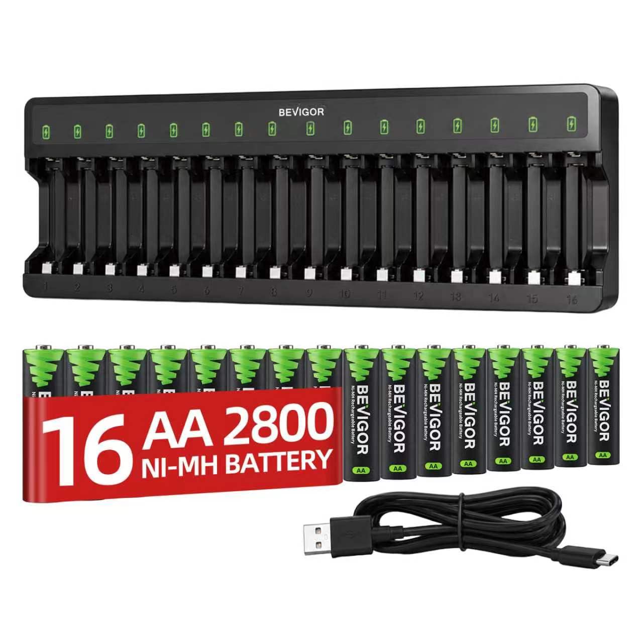BEVIGOR 16 Stück 2800mAh AA Wiederaufladbare Batterien mit 16 Slot LED Smart Batterie Ladegerät Set, Typ C Schnellladen für NI-MH/NI-CD Wiederaufladbare Batterien