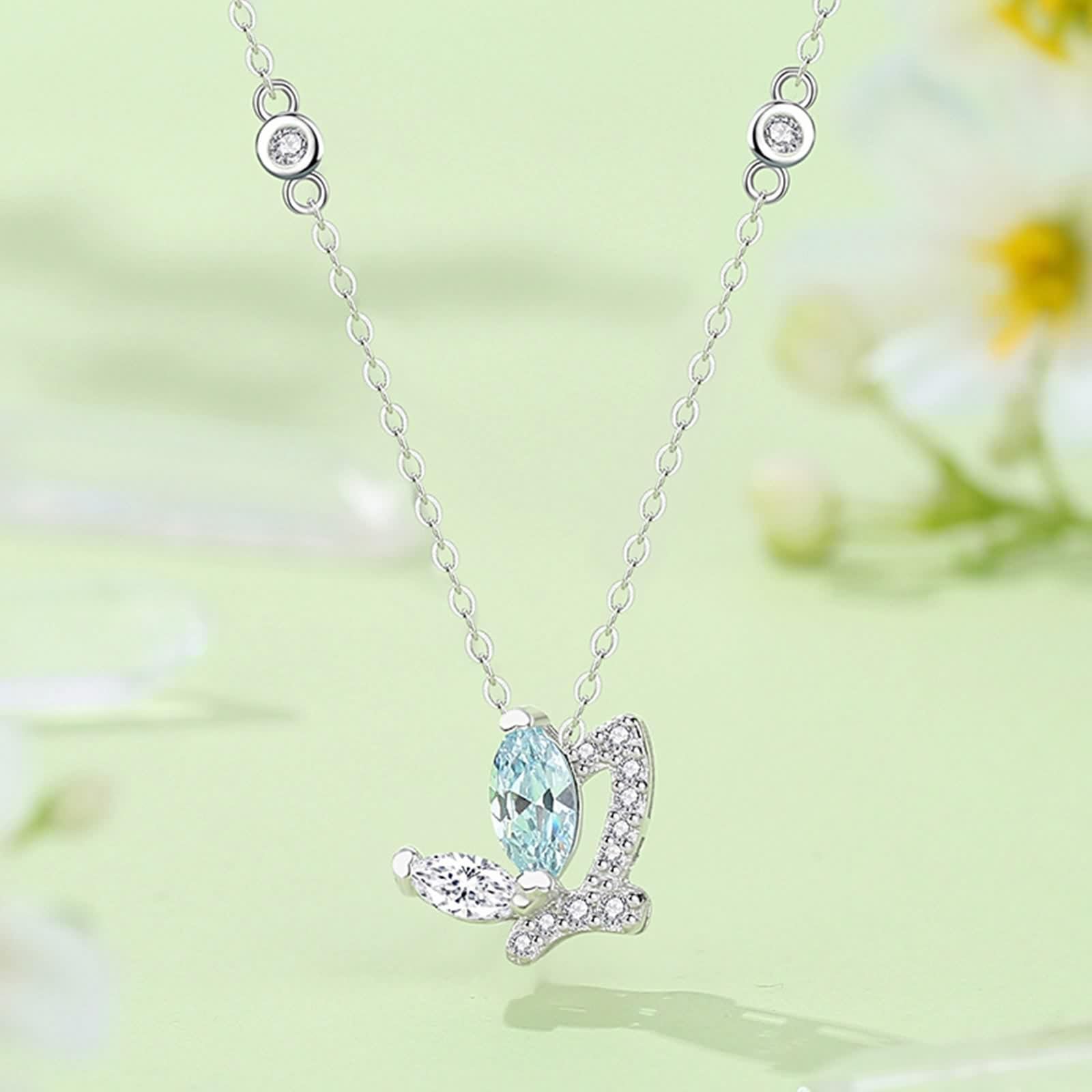 Collana Lunga Farfalla, Collane Donna Blu Topazio Ciondolo Catenina Gioielli Oro Bianco 9K/14K/18K con Moissanite Oro Bianco 40+5cm