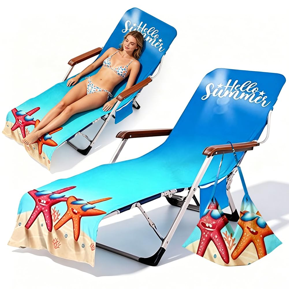 Ozean Schonbezug für Gartenliege, Strand Sonnenliege Handtuch für Sonnenliege mit 2 Taschen, Strandtuch Mikrofaser Schnelltrocknend Strandhandtuch, Liegenauflage 210×73 cm (B-75)