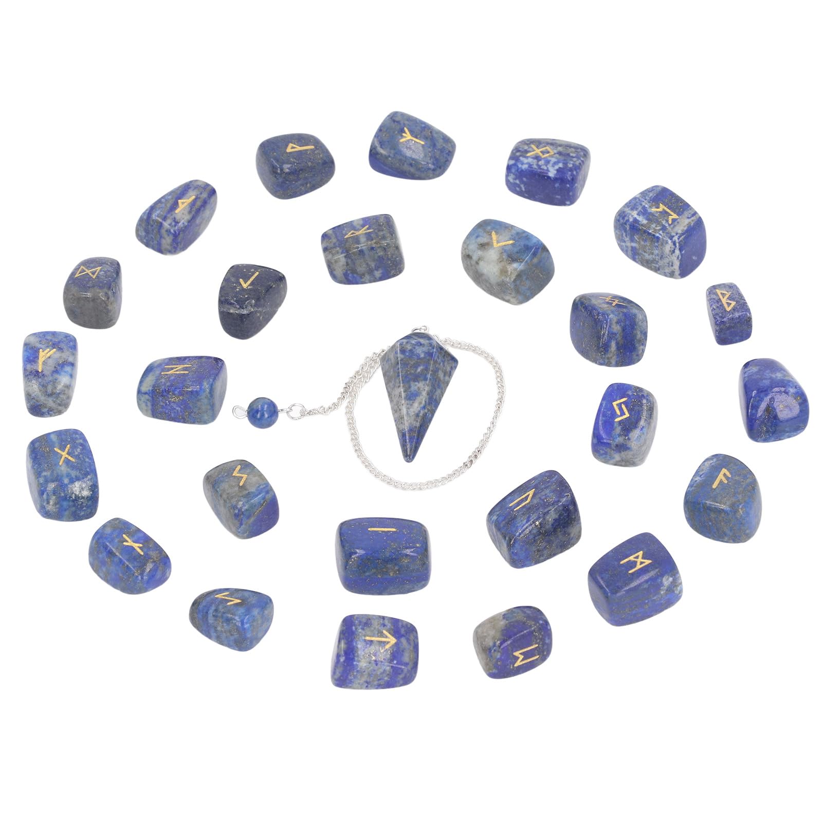EMUKOEP 25 Piedras de Runa, Péndulo de Cristal y Bolsa de Almacenamiento para Meditación de Adivinación, con Símbolos de Runa Grabados para la Conexión Espiritual de Curación de (Lazurita con Péndulo)