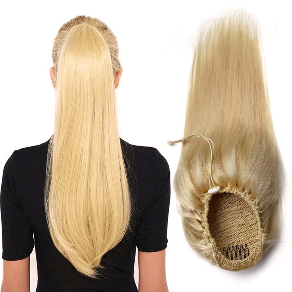 Human Hair Ponytail Extension with Drawstring Silky Straight #613 Light Blonde 14 Inches