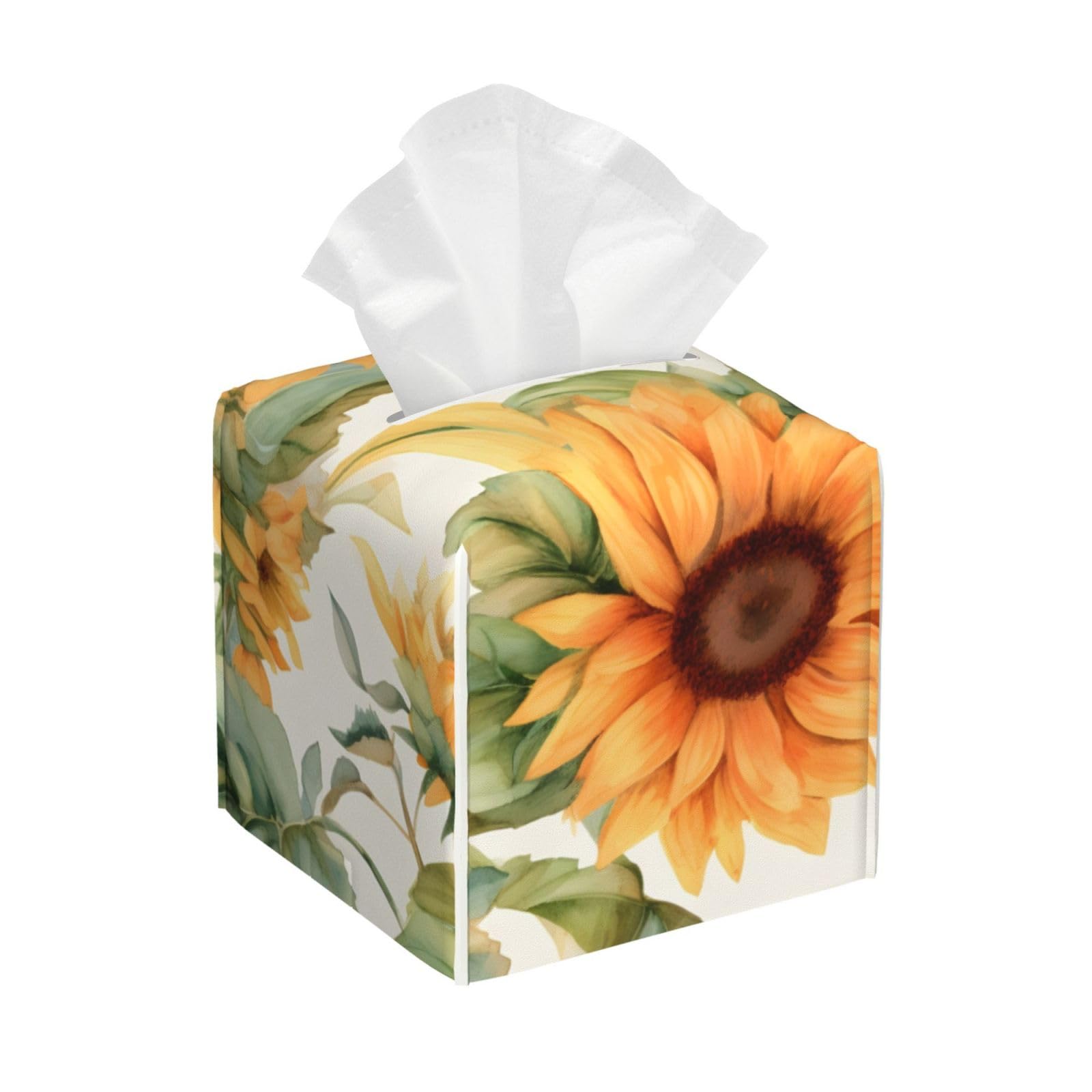 Square Tissue Box Cover, Leather Tissue Cube Box Holder, Watercolor Yellow Sunflowers Farmhouse Floral Facial Paper Case for Tabletop, Bathroom, Car, Office 5.2"x5.2"x5.2"in