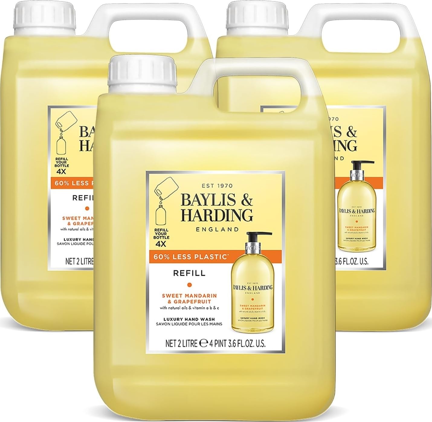Baylis & Harding Detergente per le mani al mandarino dolce e pompelmo, ricarica da 2 litri (confezione da 3, totale 6 litri), vegano