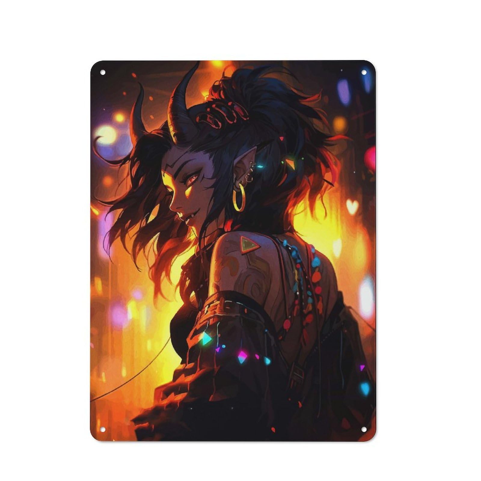 Bar Wall Demon Girl with Horns And Tattoos Decorative Metal Plaque, Wall Decor for Home Pub, Dining Room Or Drinks Area, 40x30cm