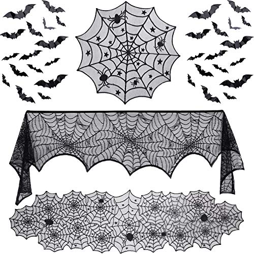 35 Pcs Halloween Table Decorations Set Include Lace Spider Web Halloween Tablecloth, Round Lace Table Runner, Fireplace Mantel Scarf and 32 Pcs 3D Bats Wall Sticker Decal for Halloween Party Decor