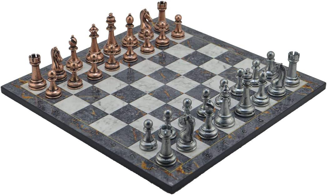 Classic Metal Chess Set for Adults Antique Copper Figures,Handmade Pieces and Different Design Wooden Chess Board King 2.75 inc (Gray Marble)