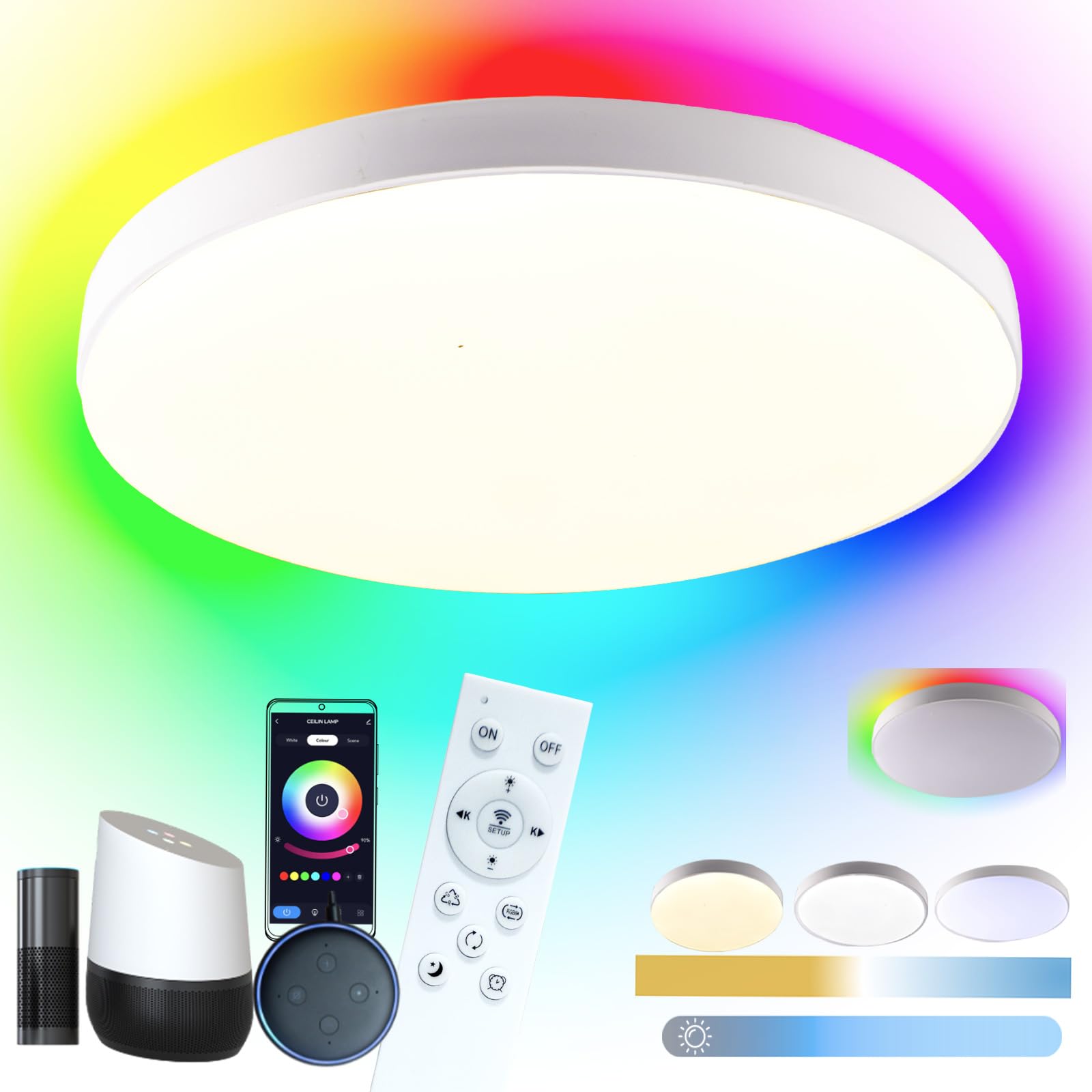 Etrogo 24W Plafon LED Techo 2700K a 6500K Regulable RGB Retroiluminación con Mando a Distancia,Control APP,Compatible con Alexa y Google Assistance,Para Salón Cocina Baño dormitorio