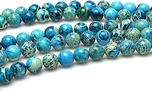Miniatura 4 de JarTc Piedra natural, 6 colores, sedimentos marinos, jaspe imperial, cuentas sueltas redondas para hacer joyas (0.49 pulgadas, azul claro)