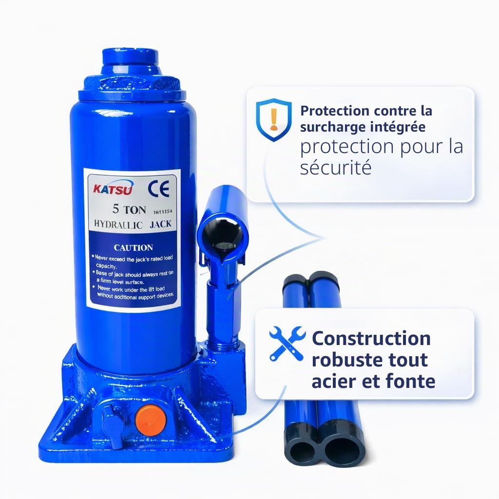 KATSU Cric Bouteille Hydraulique 5 Tonnes Cric Bouteille Cric de Levage Robuste pour Petits ou Grands Véhicules 161115A