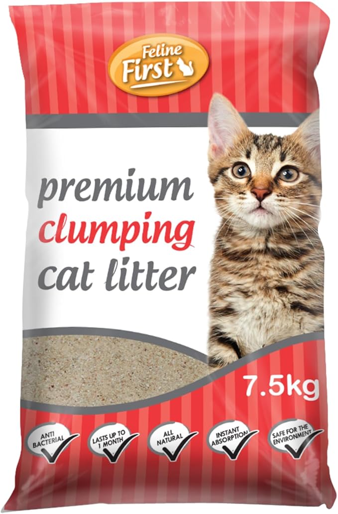 Feline First Clumping Cat Litter, 7.5kg - Rapid Liquid Absorption, Low Dust & Superior Odour Control, Forms Solid Clumps - Ideal for Indoor Cats & Kittens