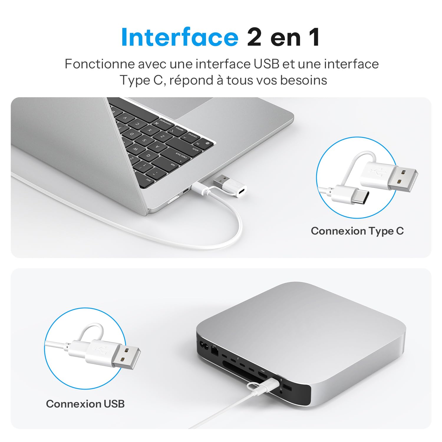 OMOTON Clavier Filaire pour Mac, Clavier Compact Portable à Double Interface USB et Type-C Compatible avec Apple Mac Pro/Mini, MacBook Pro/Air, iMac Pro, AZERTY Français, Argent