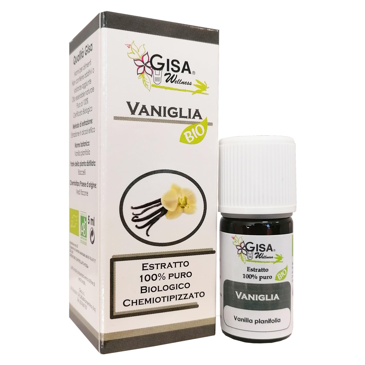 Gisa Wellness - VAINILLA - Aceite esencial orgánico - 100% puro y natural - [5ml] - Indicado para uso interno - Aromaterapia - Cuidado personal - Bienestar - Made in Italy
