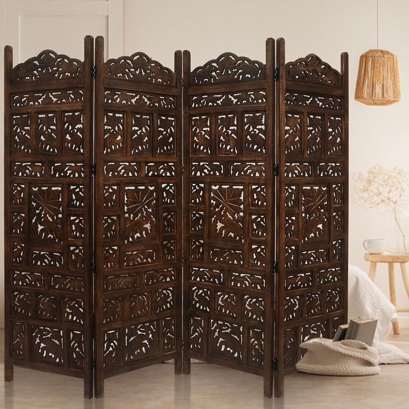 Image of Home & Goods International Wooden Room Divider Partition - Foldable Wood Screen Separator for Living Room, Bedroom, Office, Restaurant || Elephant Design - 4 Panel (Brown)