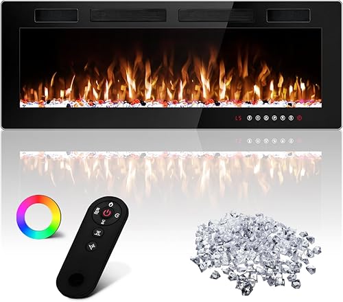 Chimenea eléctrica de 50 pulgadas, ultrafina, independiente, 7501500 W, calentador eléctrico montado en la pared o empotrado, chimenea eléctrica con