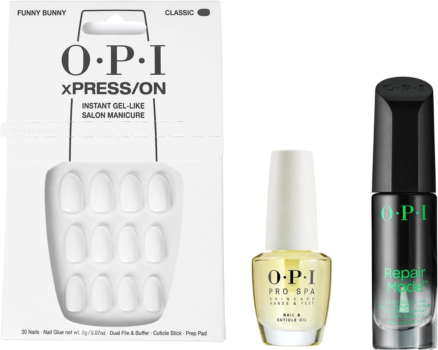 Bundle of OPI xPRESS/ON Press On Nails, With Nail Glue, Short White Nails, Funny Bunny + OPI ProSpa Nail and Cuticle Oil, 0.5 fl oz + OPI Repair Mode Bond Building Nail Serum, 0.3 fl oz