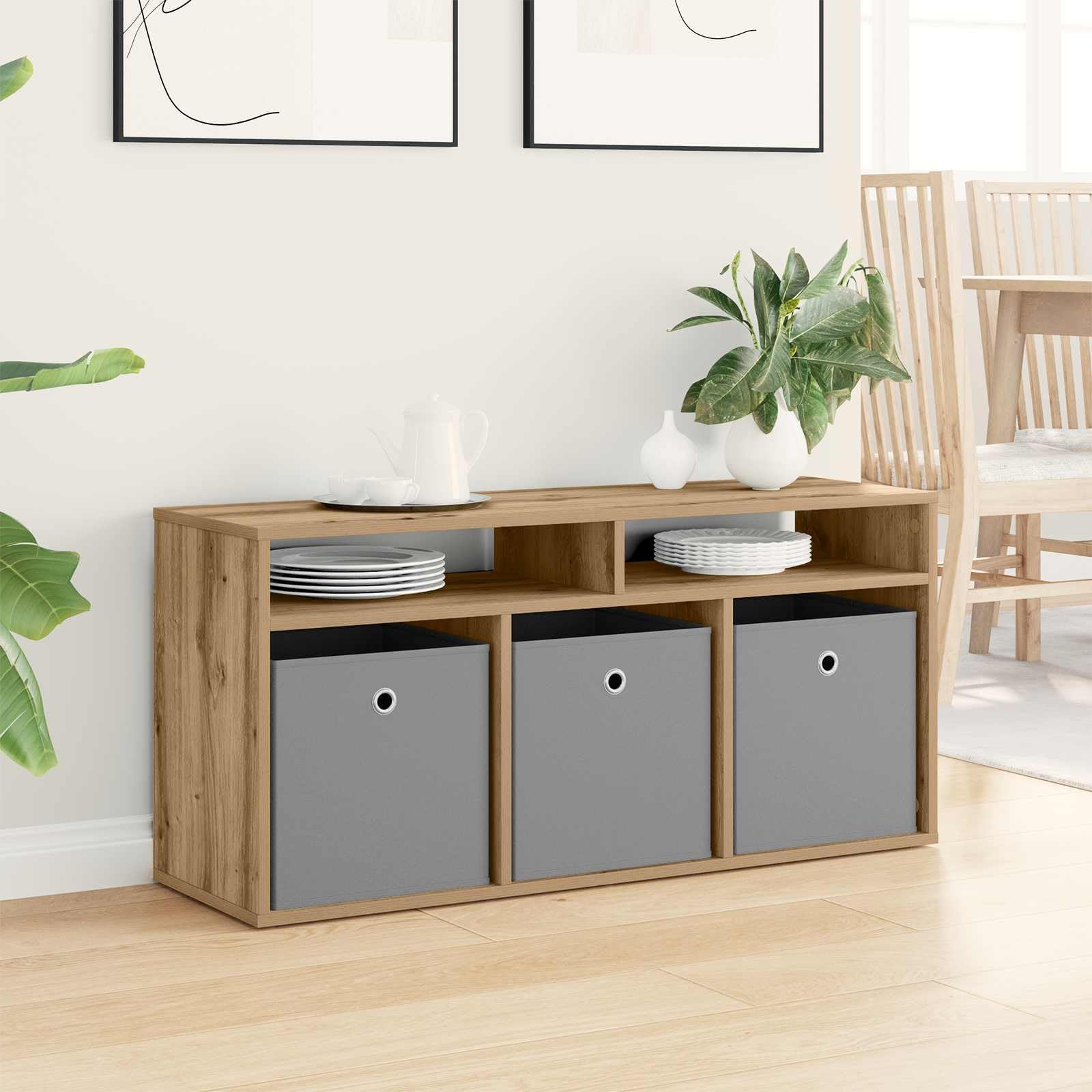 Lowboard 102 x 32 x 48,5 cm, dąb Artisan, nowoczesny mebel TV z dużą ilością miejsca do przechowywania, zarządzaniem kablami i 3 szufladami do salonu, kina domowego, konsoli medialnej