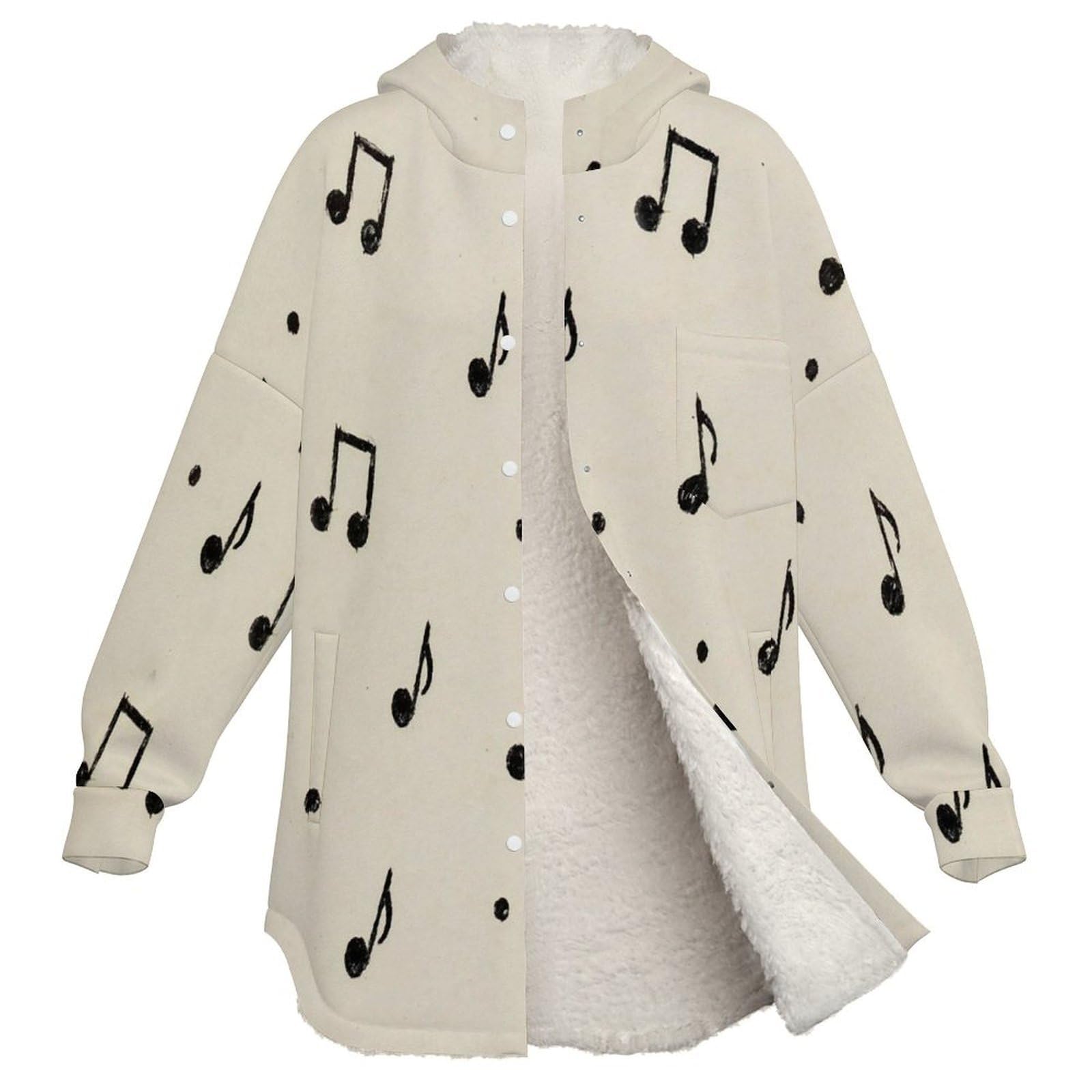 Sudadera Invierno con Capucha de Forro Polar Mujer Patrón De Nota Musical Cálido Hoodies a Manga Larga Felpa Sudadera con Bolsillos, Beige