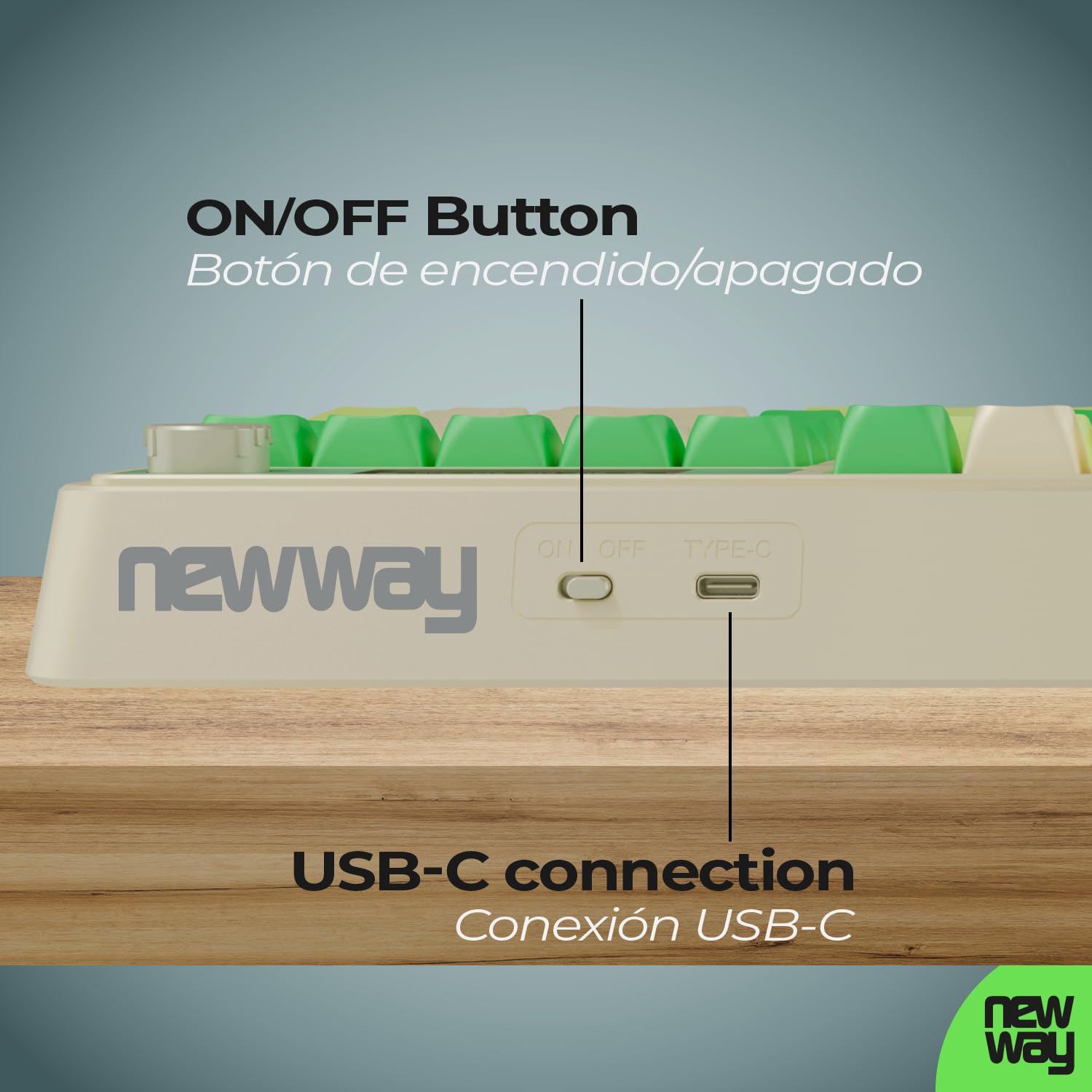 NEWWAY NK251 – Teclado inalámbrico Recargable Pantalla LCD Rueda Multifunción - QWERTY español – Triple Modo (WiFi 2.4 GHz, BT, USB-C) – RGB – Receptor USB Integrado en la Parte Trasera