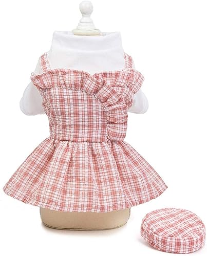 WZHSDKL XS-XL Plaid Dog Dress Summer Dogs Princess Dress with Hat Chihuahua Puppy Skirt Pet Dresses for Small Dog Girls (Color Pink, Size Small)