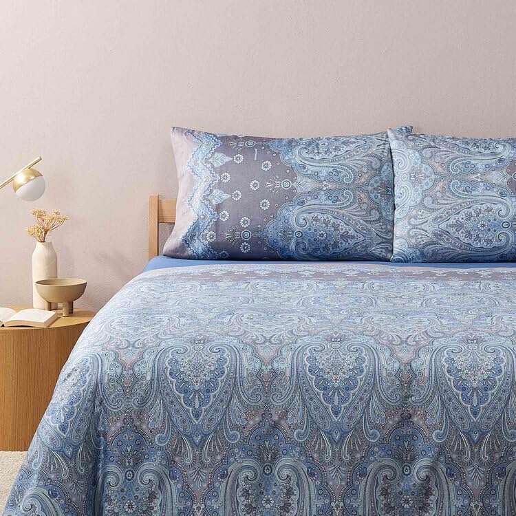 Bassetti Granfoulard - Juego completo de funda nórdica para cama de matrimonio, de raso de puro algodón, saco maxi + sábana bajera con esquinas + 2 fundas de almohada Isolabella C1