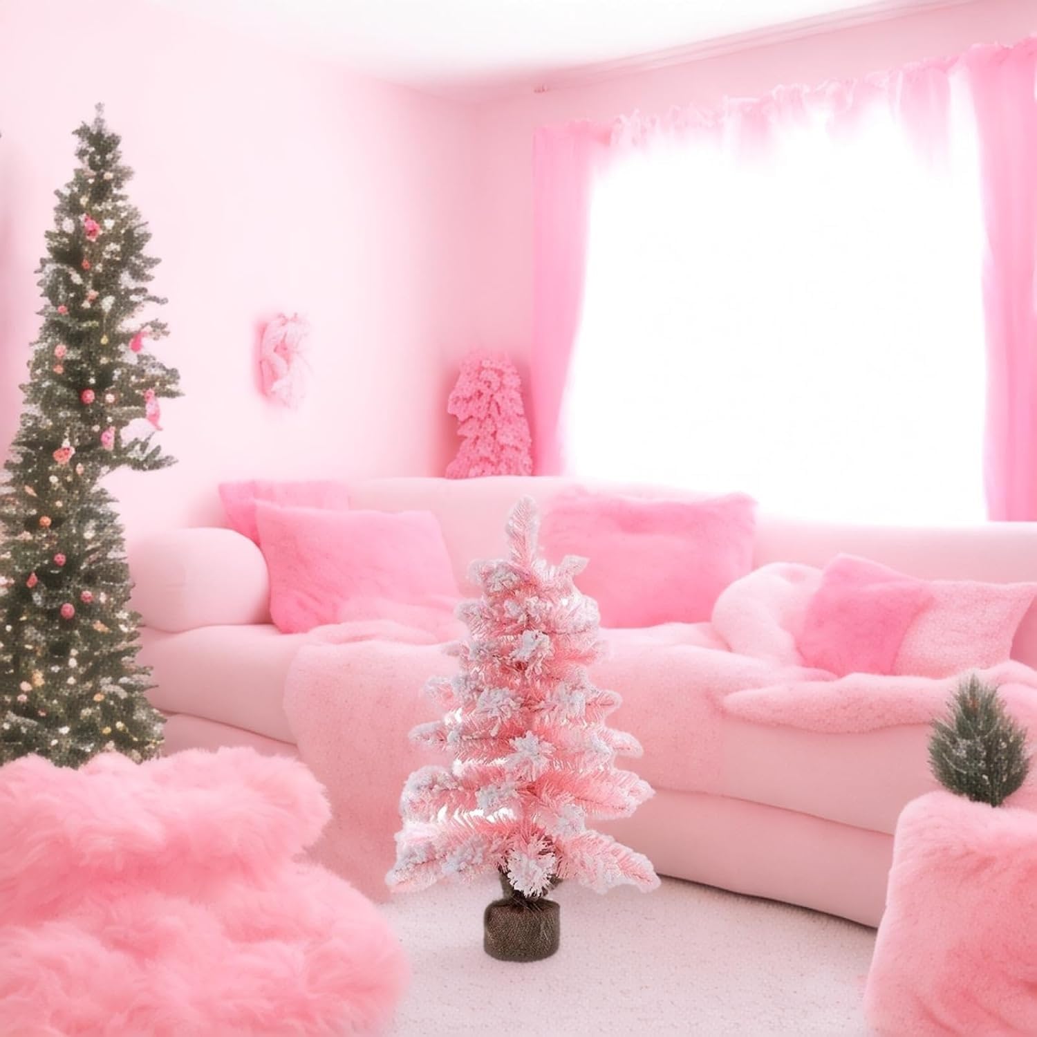 Árbol de Navidad Rosa de 30 cm, miniárbol Artificial Flocado for Escritorio, Ideal for decoración navideña del hogar.(45cm)