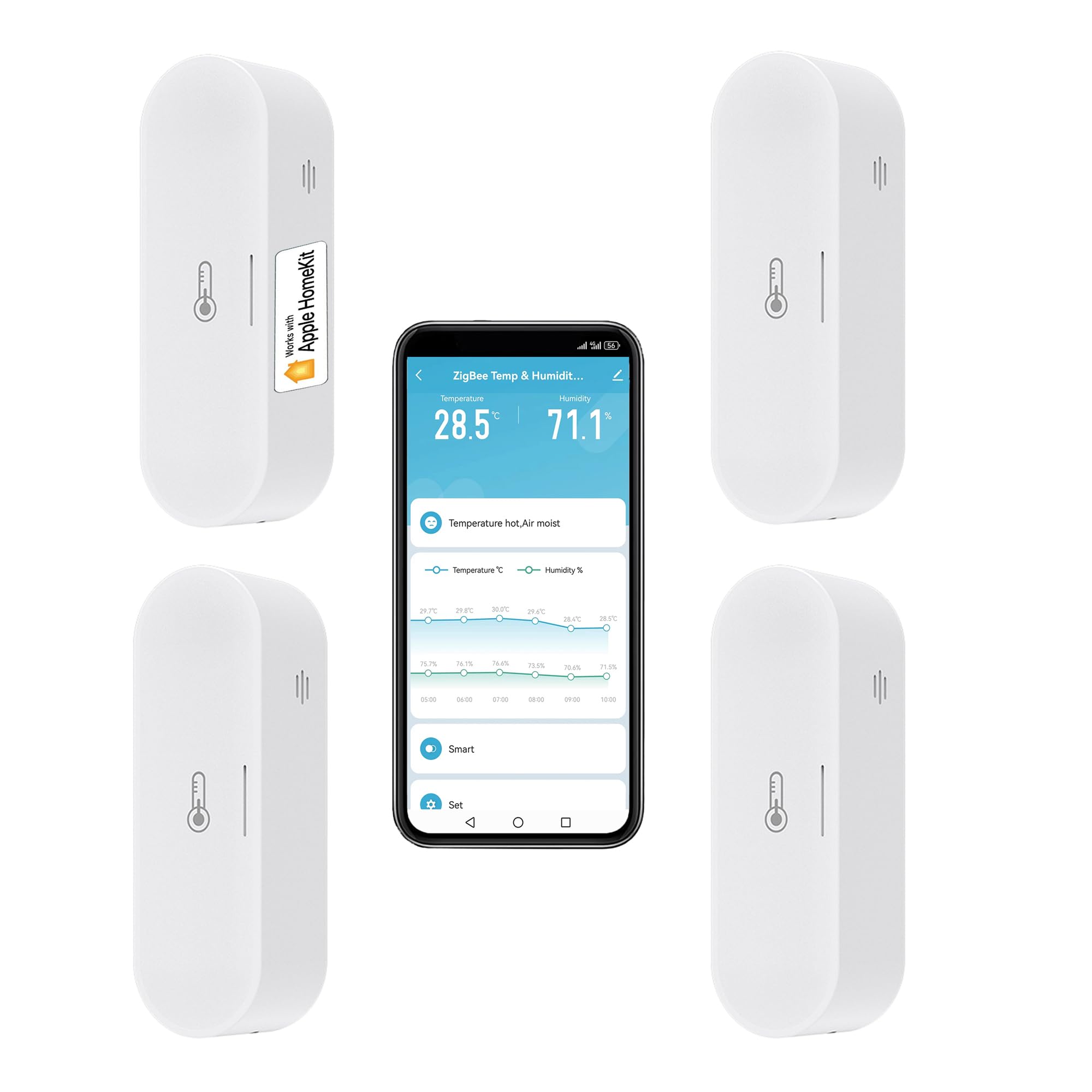 Igrometro intelligente termometro: monitor di umidità della temperatura Zigbee con avvisi app, doppia alimentazione, esportazione di memoria dati, hub, supporto homekit, Alexa (confezione da 4)