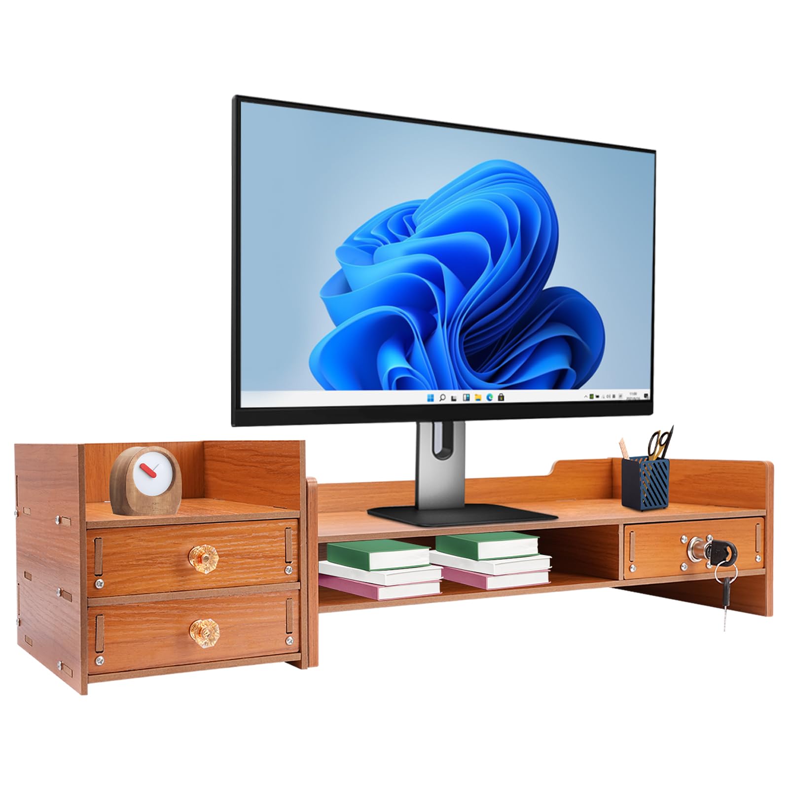 Supporto Monitor Con 3 Cassetti - Organizzatore Da Scrivania In MDF, Con Supporto Telefono, Per Laptop E Computer - Foto 11